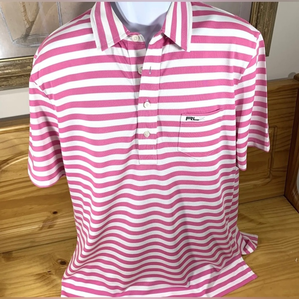 Ralph Lauren RLX Classic Golf Polo Shirt Pink White Stripes Size Large EUC